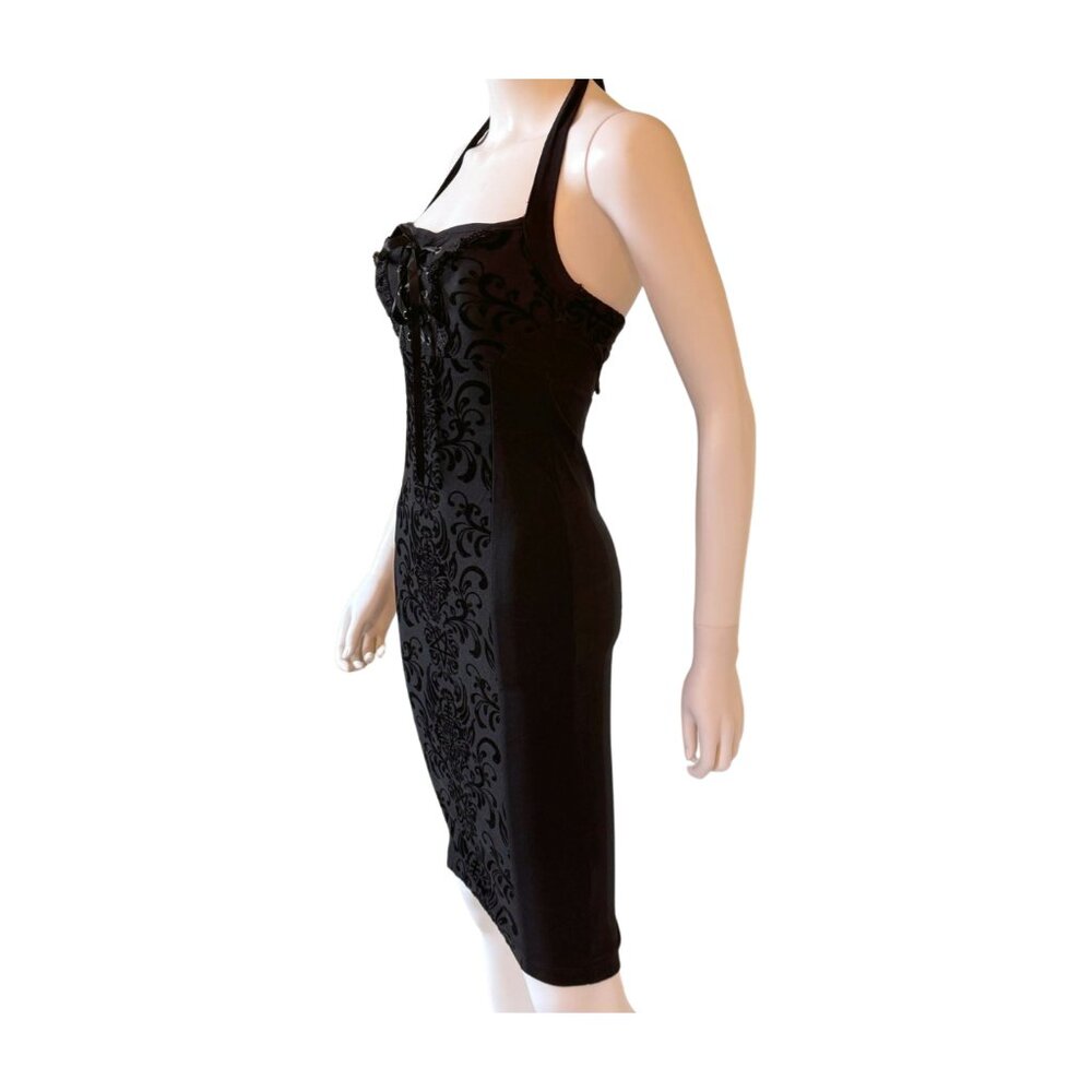 Killstar Gothic Velvet Flocked Halter Dress XS – Lace Up Corset Back Witchcore - Picture 7 of 9